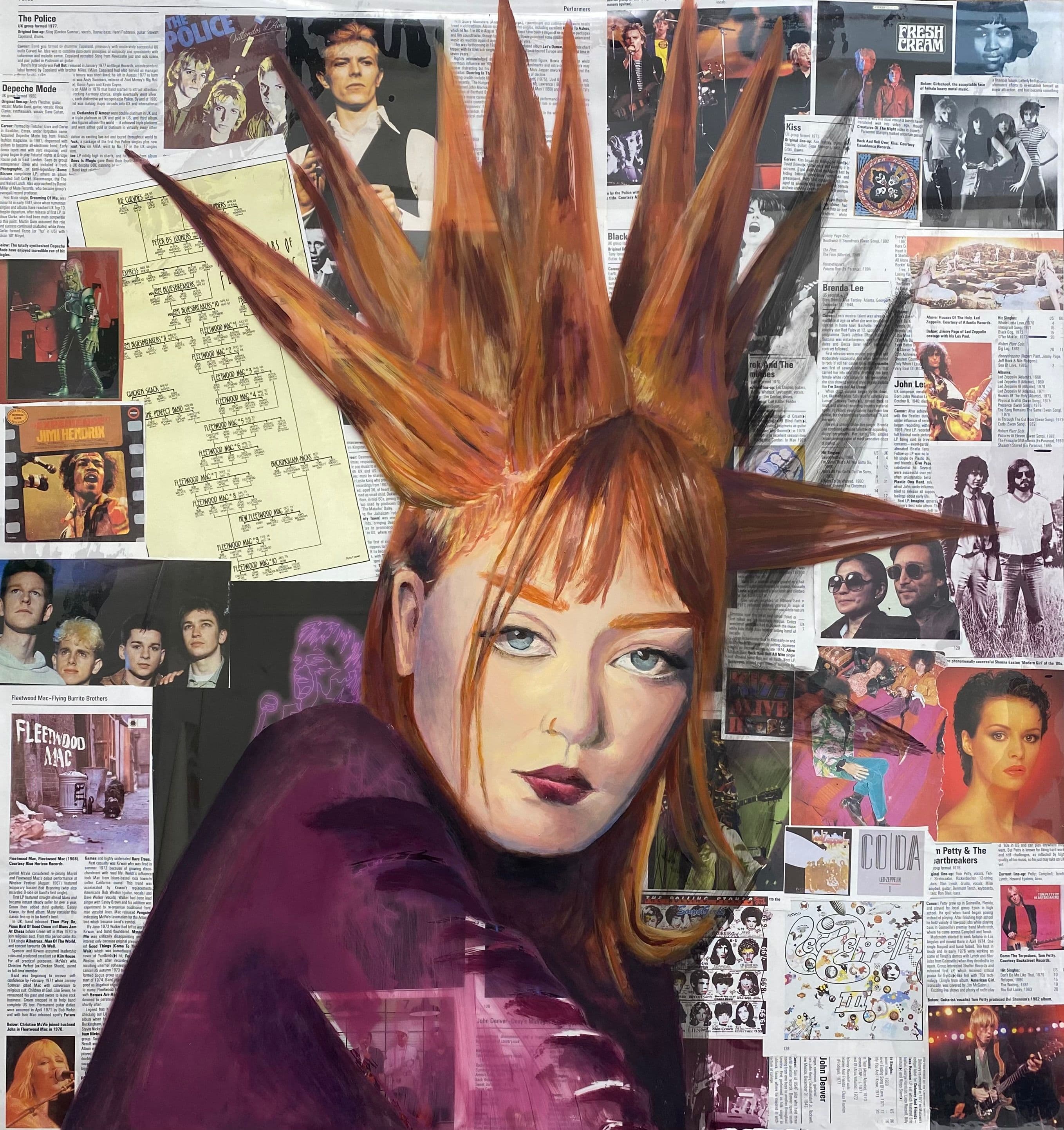 Lady Liberty — mixed media portrait with rock music newspaper collage